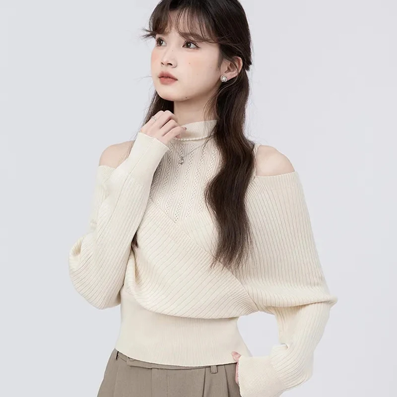 

French Strapless Patchwork Knit Pullover Women Criss Cross Chic Elegant Sweater Solid Mock Neck Sweet Skinny Korean Female Tops