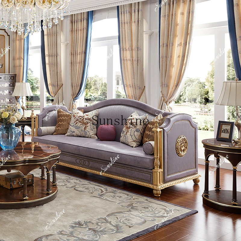 Neoclassical solid wood living room luxury leather double triple sofa combination furniture  FT