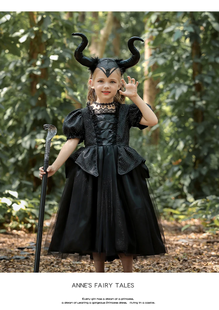 Maleficent-Kostümset für Kinder, Mädchen-Böse-Königin-Outfit, Deluxe Schwarzes Tüllkleid mit Accessoires für Karnevalsparty und Rollenspiel – Detail 3