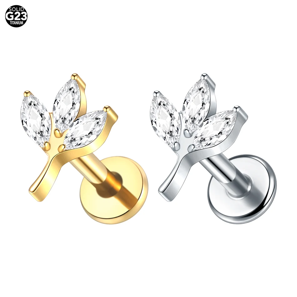 

1pcs Titanium Leaves Shape Stud Earring 16G Internally threaded Cubic Zirconia Conch Cartilage Helix Piercing Body Jewelry