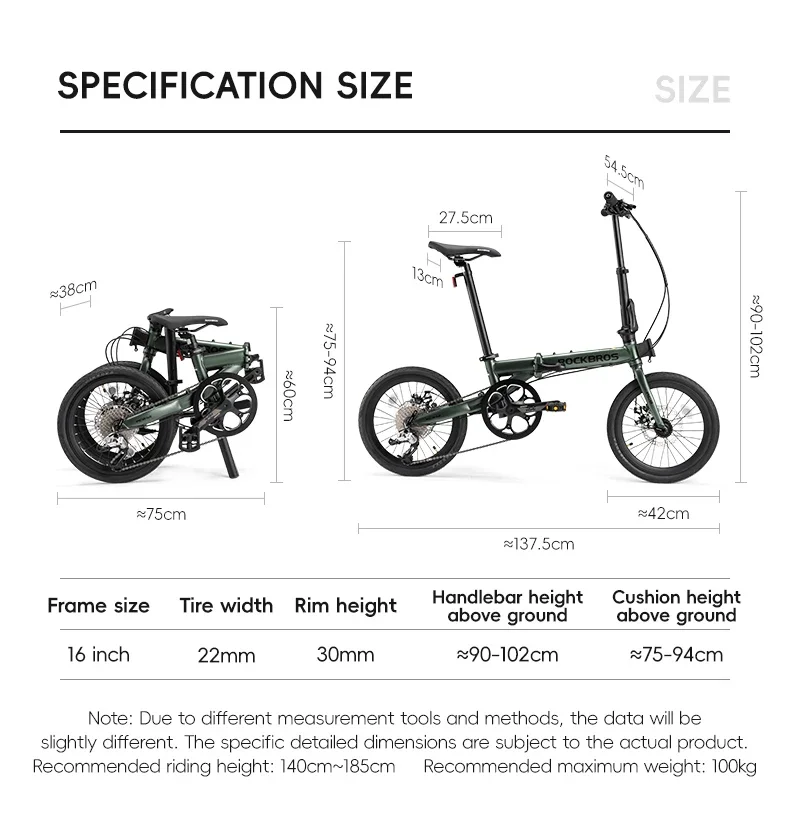 ROCKBROS Folding Bike 16 Inch 9 Speed Dual C-Brake Bike Aluminium Alloy Frame Adult Folding Bike Adjustable 11-32T City Bicycle