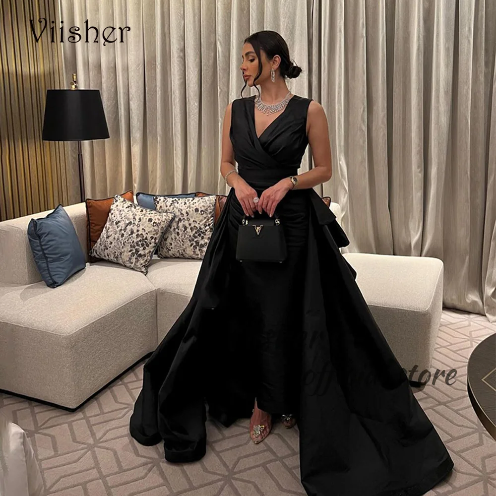 

Viisher Black Taffeta A Line Evening Dresses Sleeveless V Neck Elegant Long Prom Party Dress Dubai Arabic Formal Evening Gown