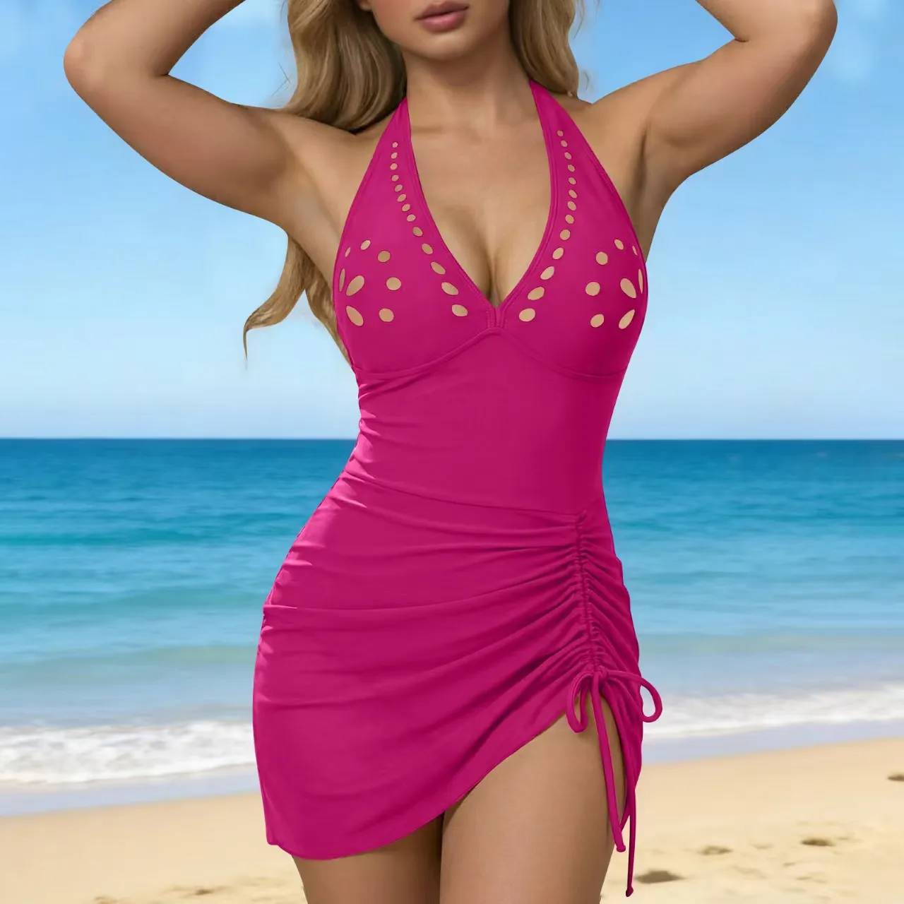 

2026 V-neck Solid Swimsuit Women One Piece Hollow Drawstring Swimwear Female Bathers Bathing Swimming Swim Suit Beachwear XXL