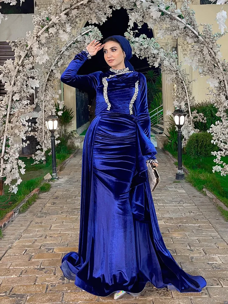 Jirocum Long Sleeve Muslim Prom Dress Women\'s Mermaid O Neck Party Evening Gown Crystal Floor Length Special Occasion Gowns 2024