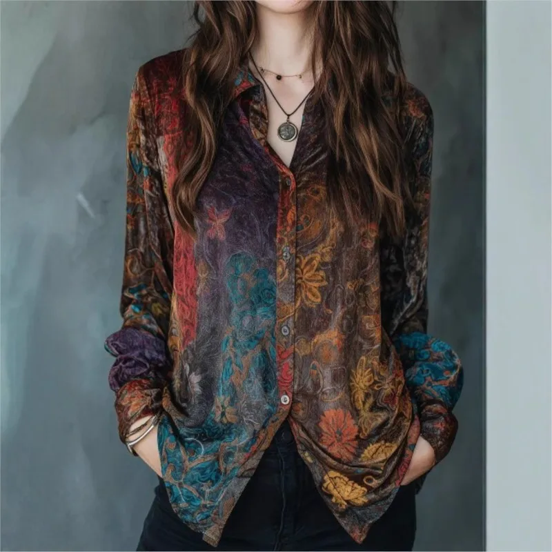 

Женская рубашка с длинным рукавом в стиле бохо с цветочным принтом, новинка 2026, разноцветная свободная повседневная блузка, весенне-осенний винтажный офисный женский праздничный топ