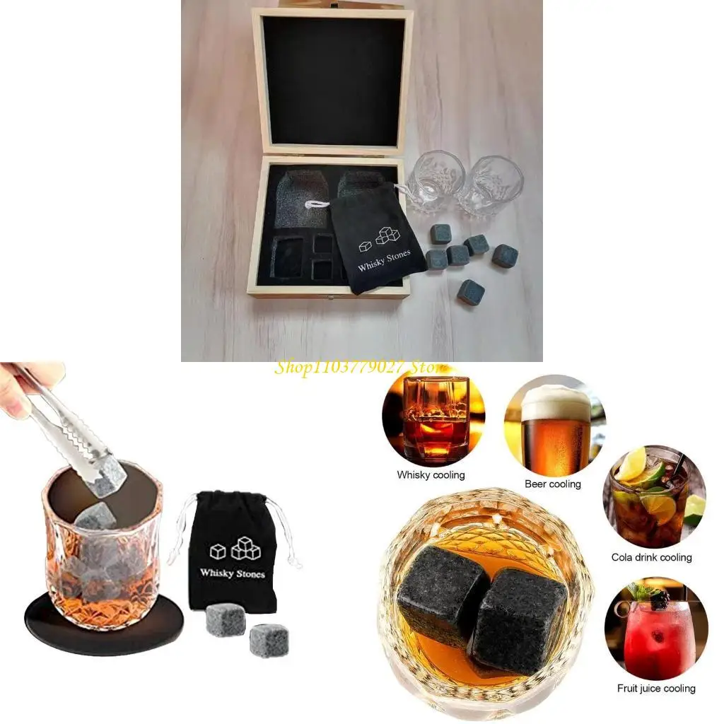 

C4DF Wooden Box Stones Gift Set Made of Natural Stones Ice Cubes Reusable