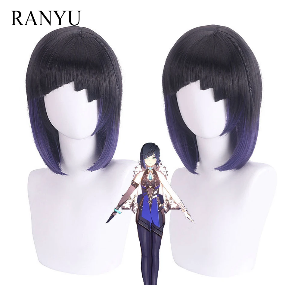 

RANYU Genshin Impact Yelan Wigs Synthetic Short Straight Blue Purple Gradient Game Cosplay Hair Heat Resistant Wig for Party