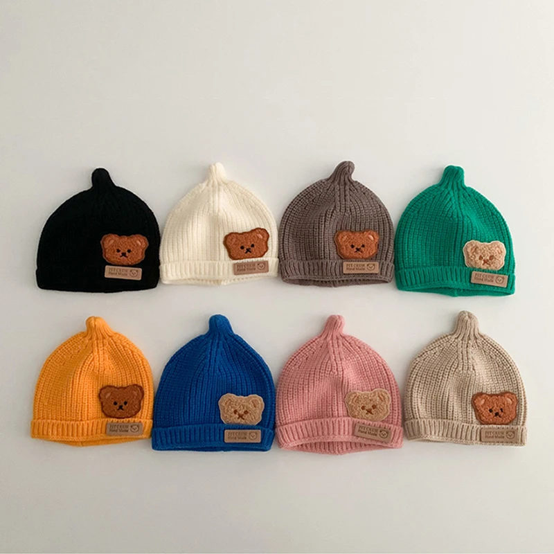 

Cute Baby Bear Knitted Hat Kids Winter Warm Beanie 6-15M Children Solid Color Woolen Pullover Cap Korean Infant Elastic Skullcap