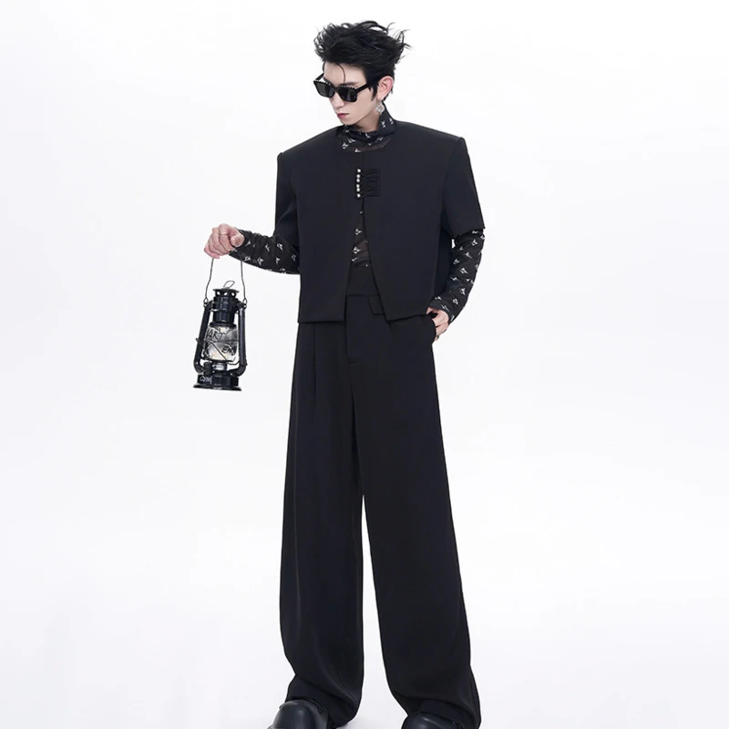 FEWQ Personality Men's Two-piece Set Chinese Style Collarless Short Sleeve Jacket Shoulder Pad Straight Suit Pants New 24Y151