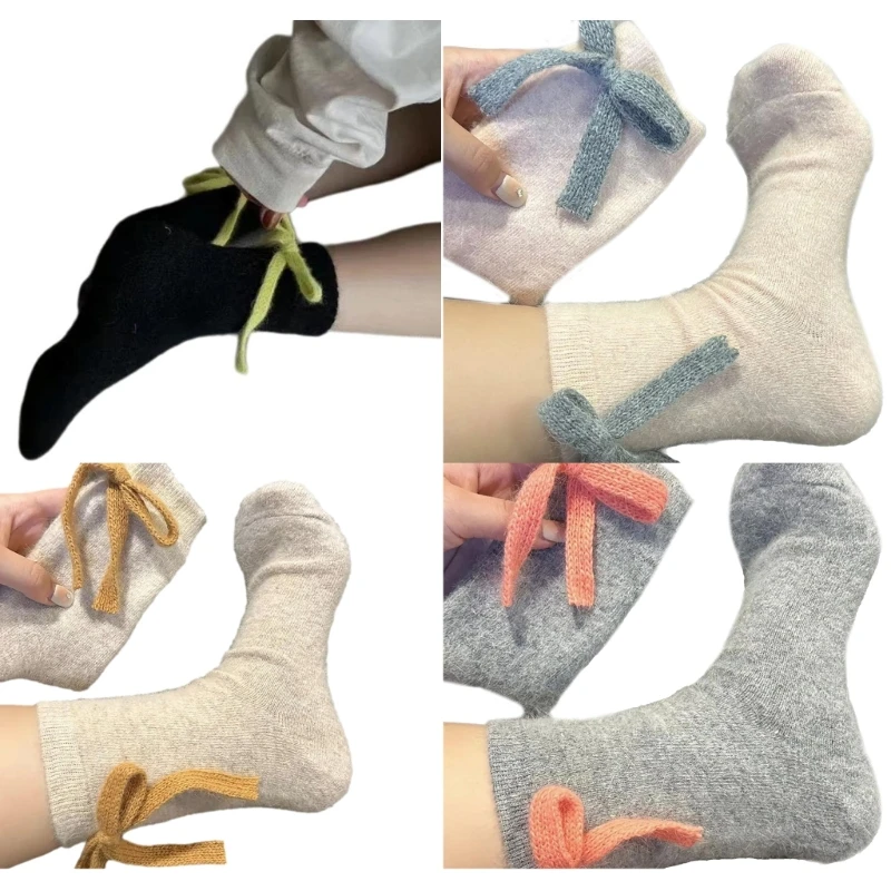 Middle Tube Socks with Bows for Women Solid Color Faux Wool Socks