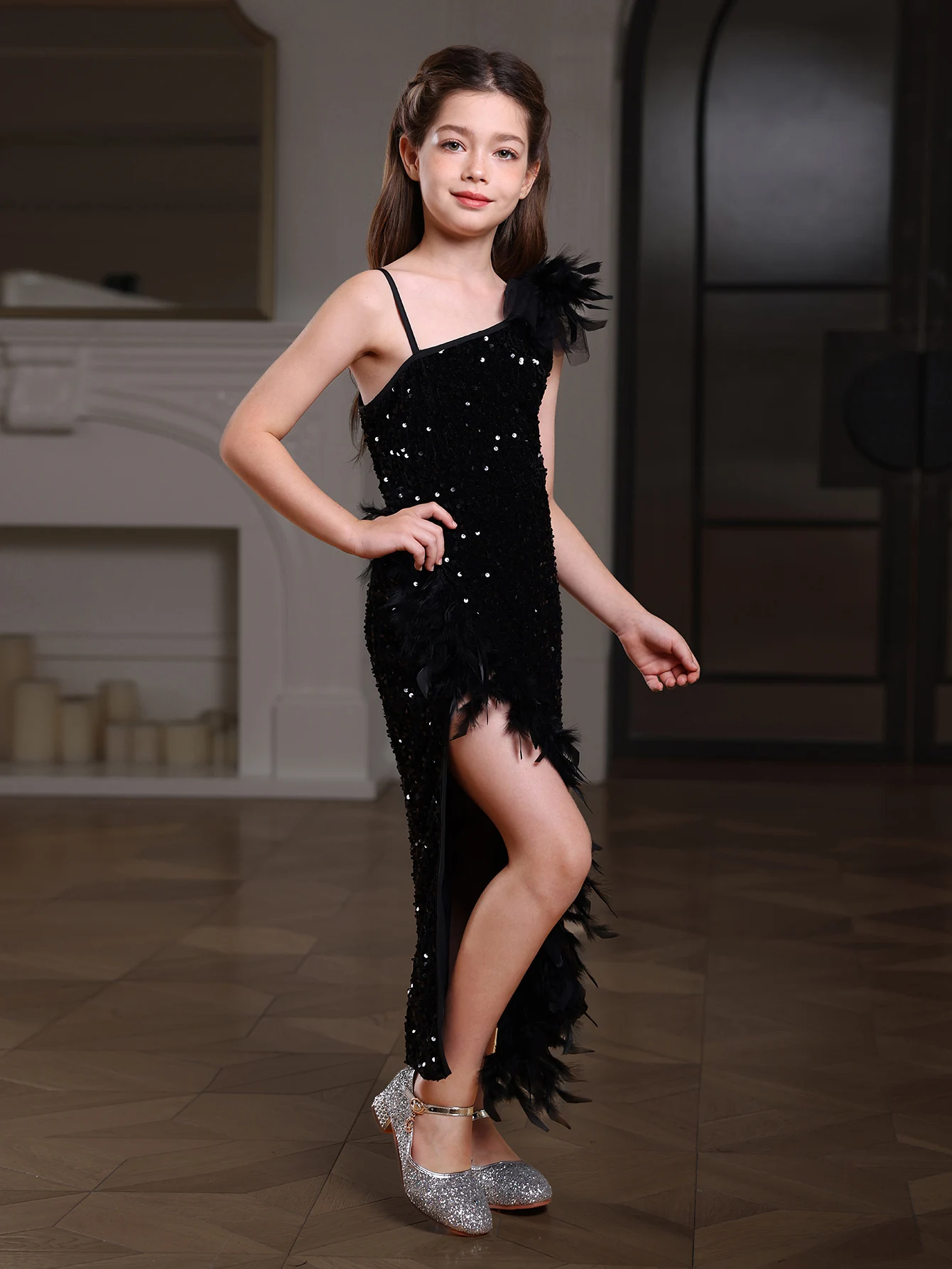 Girl\'s Gorgeous Sequin Prom Slim Fit Dress, Oblique shoulder Split Stitching Natural Feather Dress For Wedding Birthday Party