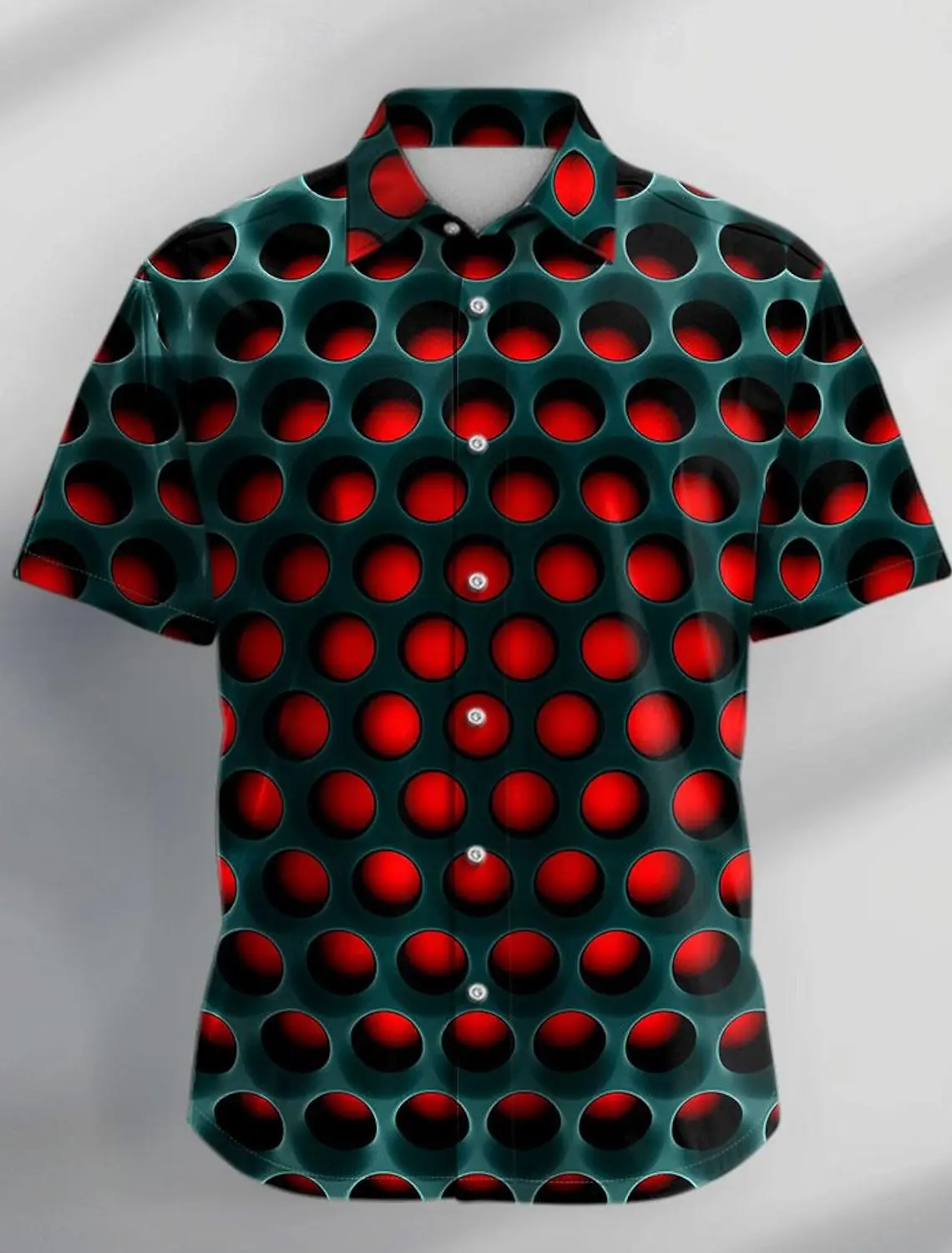 Patterned Round Cutout Abstract Casual Men Shirt Button Up Shirt Party Evening Daily Holiday Summer Lapel Short Sleeve Red Shirt