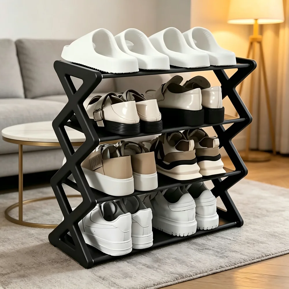 4-Tier X-Type Shoe Rack Space Saving Multi Layer Storage Organizer Simple Solid Color Easy Assembly Shoe Shelf For Porch Living