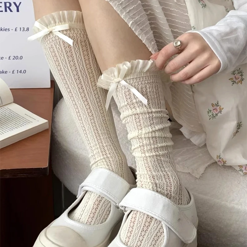 2025 الحلو Bowknot Sockings الدانتيل شبكة جوارب طويلة إلى الركب لطيف كشكش موضة مطابقة العجل الجوارب لوليتا الجوارب الطويلة للنساء الفتيات #1