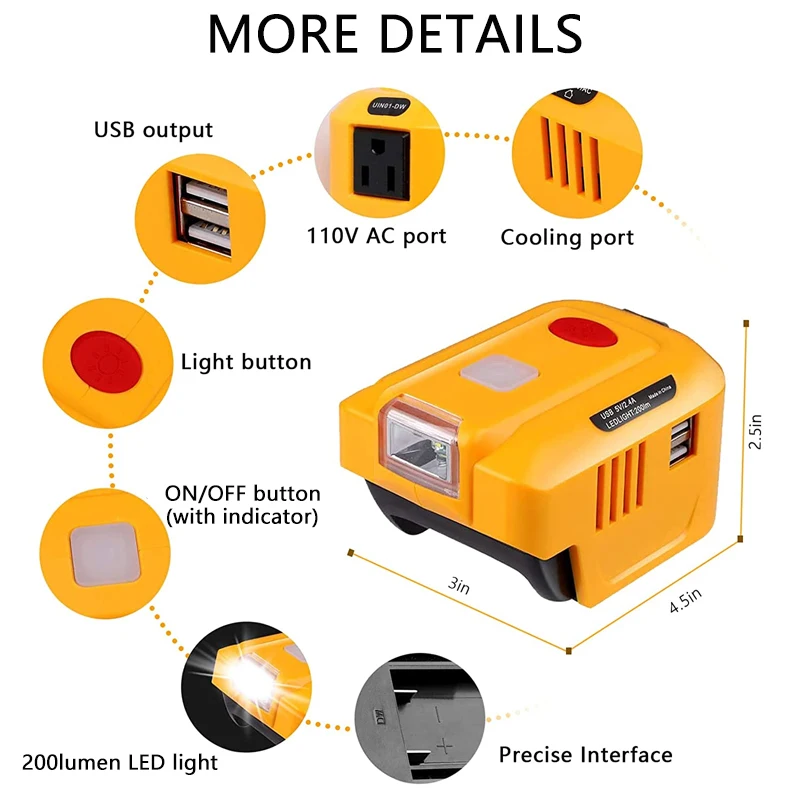 150W Power Inverter for Dewalt 20V 18V Lithium Battery Portable Power Station with 200Lumen LED Light  DC 20V To AC 110V/220V