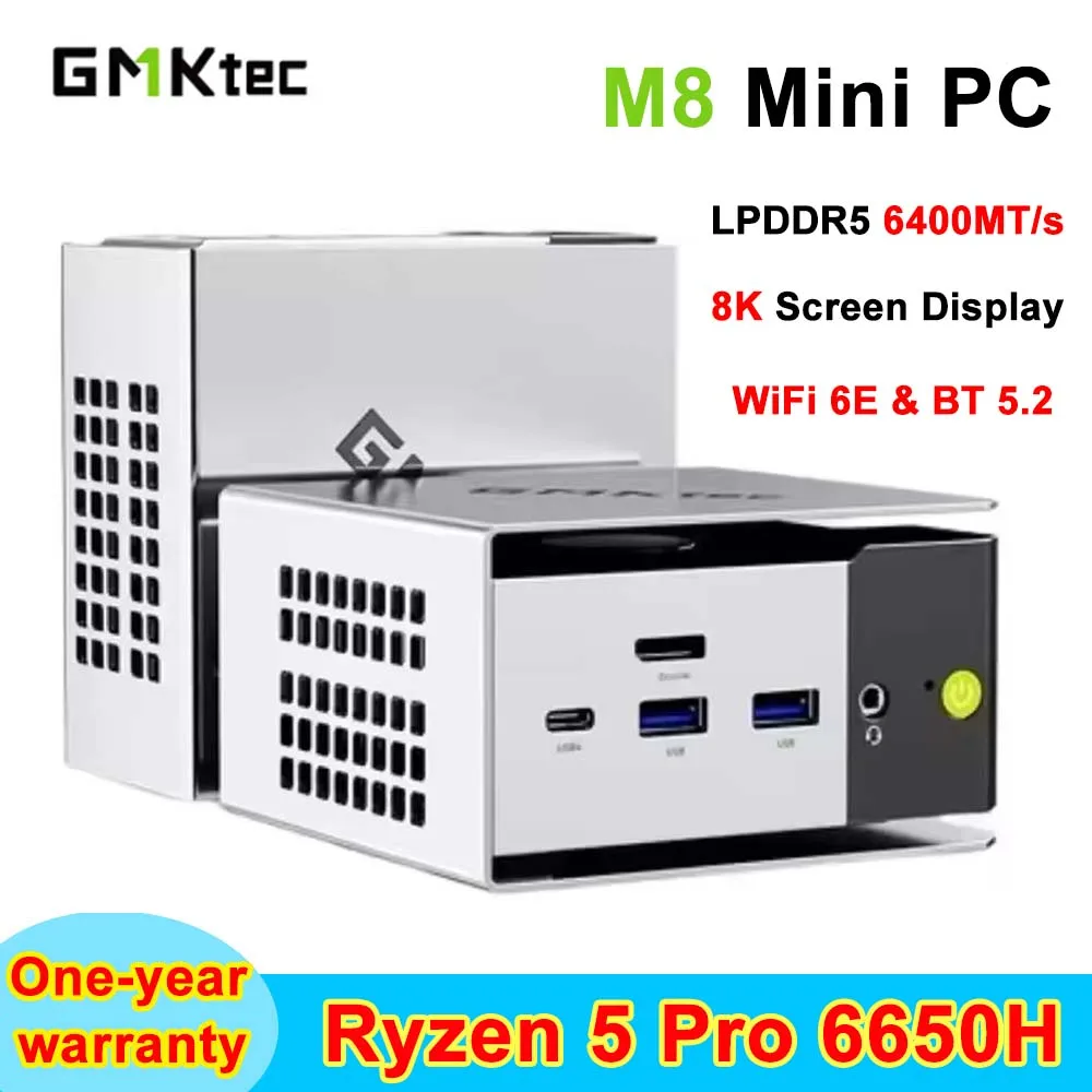 GMKtec M8 Ryzen 5 Pro 6650H Mini PC Windows 11 Pro LPDDR5 6400 MT/s PCIe3.0 M.2 2280 SSD WIFI6 BT5.2 8K HD Mini PC Gamer Computer