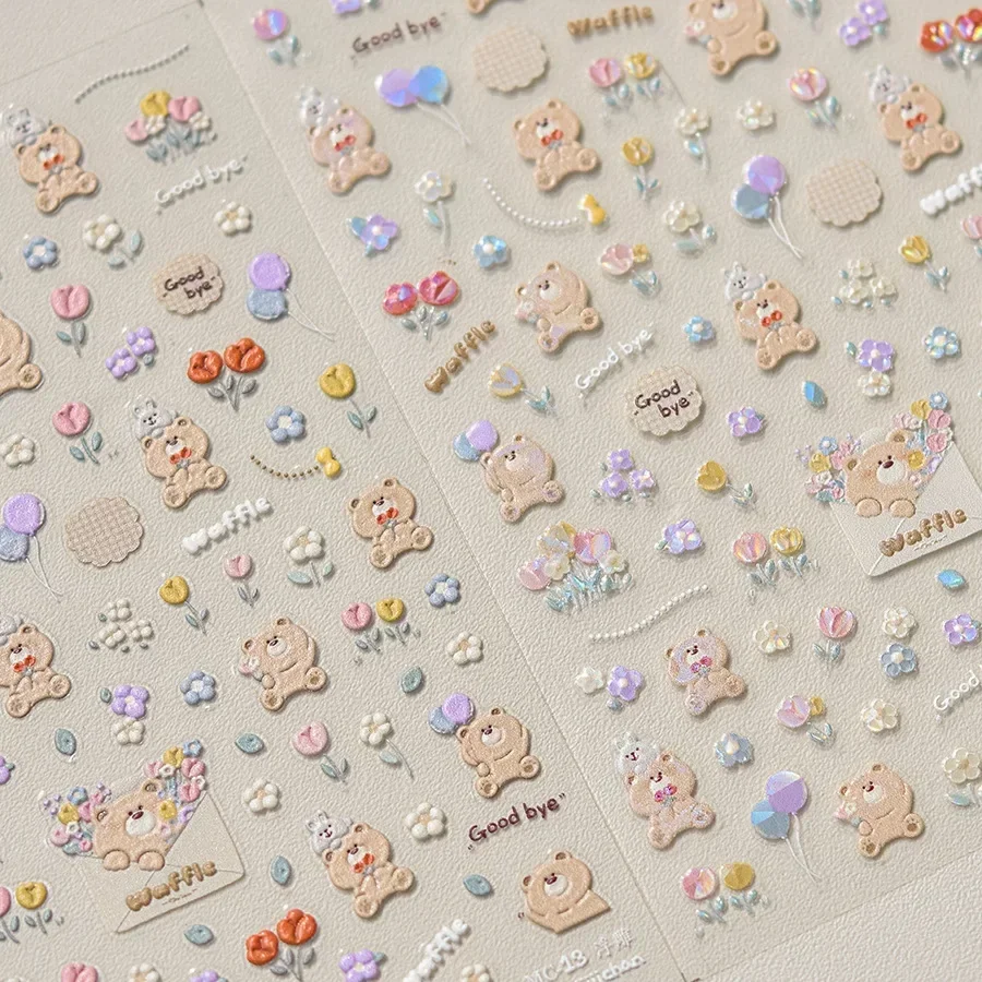 1 stücke 5d geprägt kawaii design nail art charms aufkleber cartoon bär tiere nagel dekorationen abziehbilder diy selbst klebender schieber
