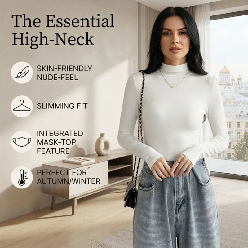 This Flattering Half-Turtleneck Base Top is Smooth and Cozy, Perfect for Daily Work, Weekend Strolls, and Layered Looks.