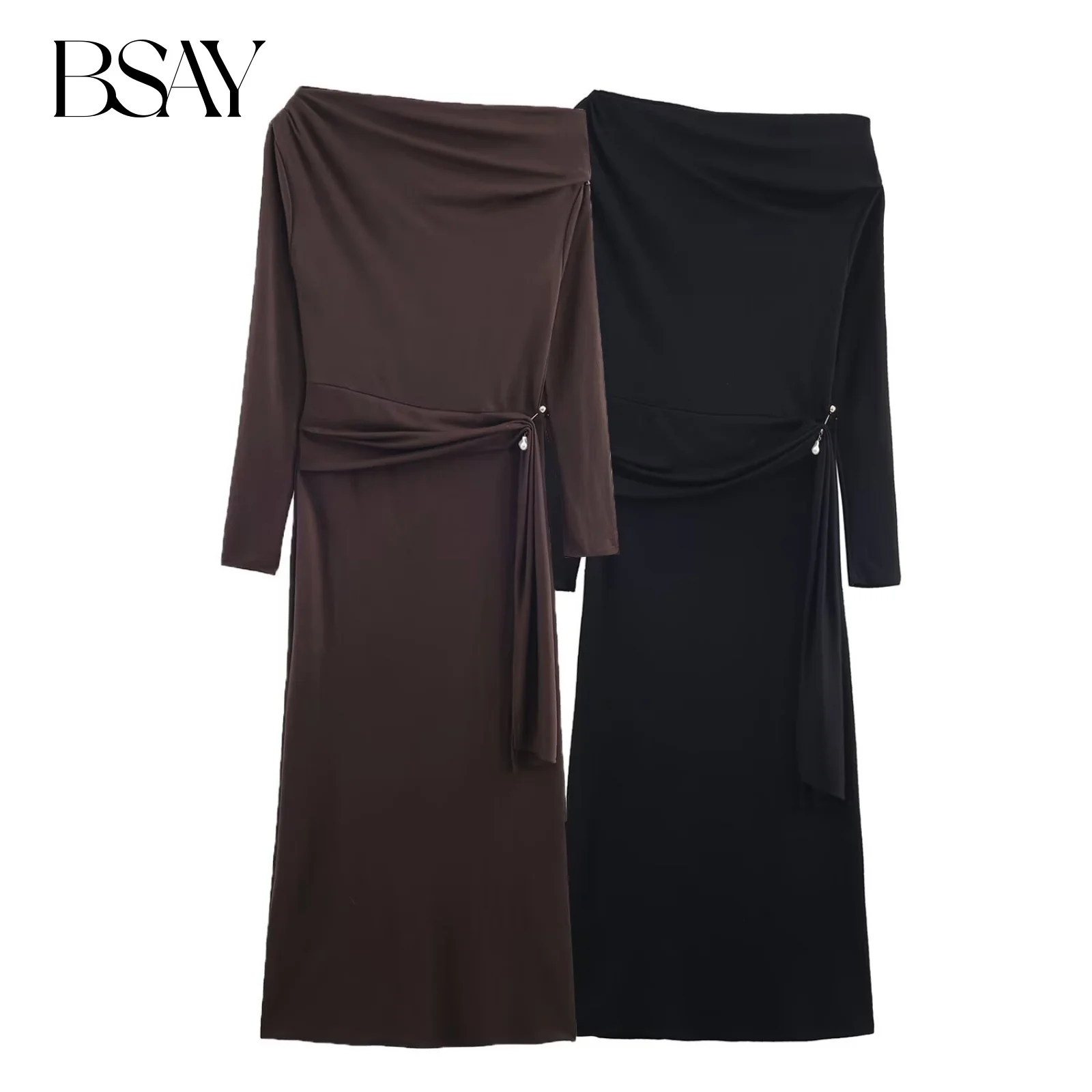 

BSAY Soft Button Dress for Women Fashion Autumn Winter New Solid Pleats Long Sleeves Asymmetry France Female Evening Dresses