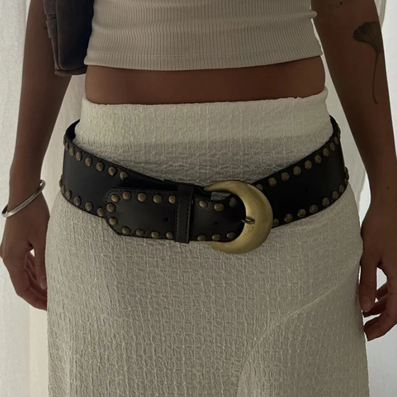 ใหม่ดวงจันทร์สีน้ําตาลโลหะหัวเข็มขัดกว้างเข็มขัด Punk แฟชั่น Studded ส่วนบุคคลเข็มขัดกว้างพิเศษผู้หญิงชุดอุปกรณ์เสริมเข็มขัด