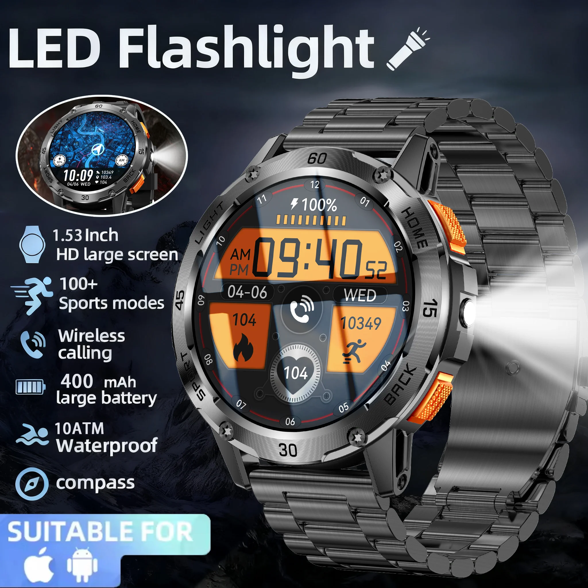

2025 New Men Smart Watch 400 mah Ultra Long Battery Life Compass Flashlight BT Call 10ATM Waterproof Sports Fitness Smartwatch