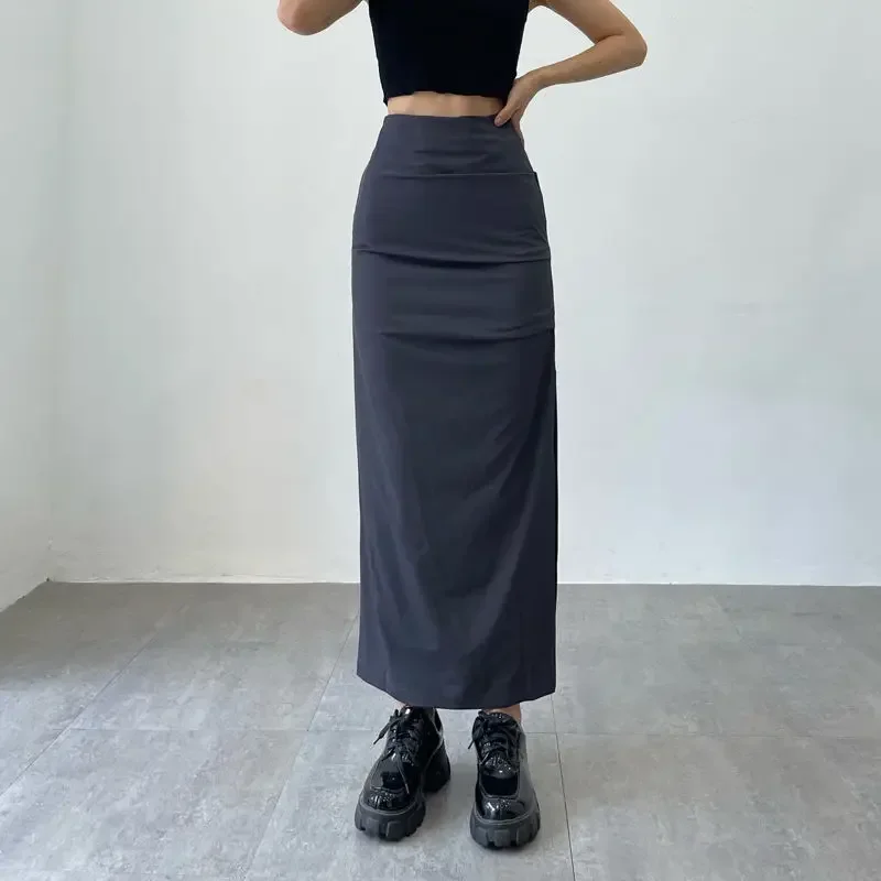 Maxi saias femininas de cintura alta sólida verão fenda lateral estilo retro americano minimalista vintage all-match básico faldas mujer