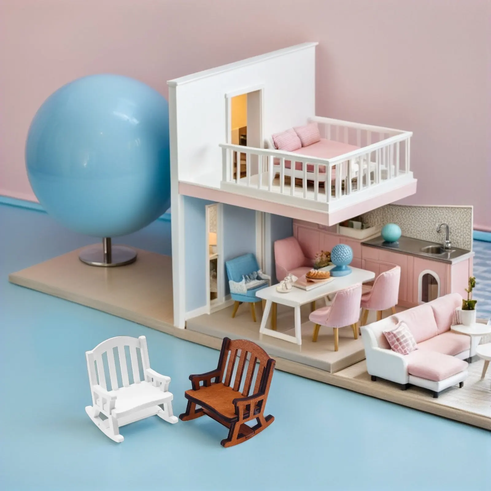 

2Pcs Mini House Wooden Rocking Chair Safe Light Wear Resistant Vintage Small Furniture Accessories Miniature Home Decoration