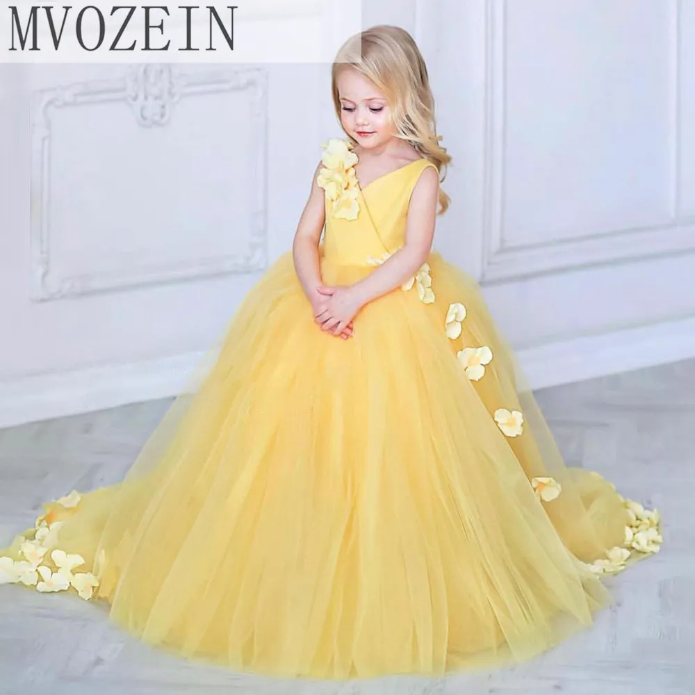 Dress for Girls Yellow Girl Princess Dress Flower Girl Dress V-Neck Girl Dresses For Children Wedding Party Dress