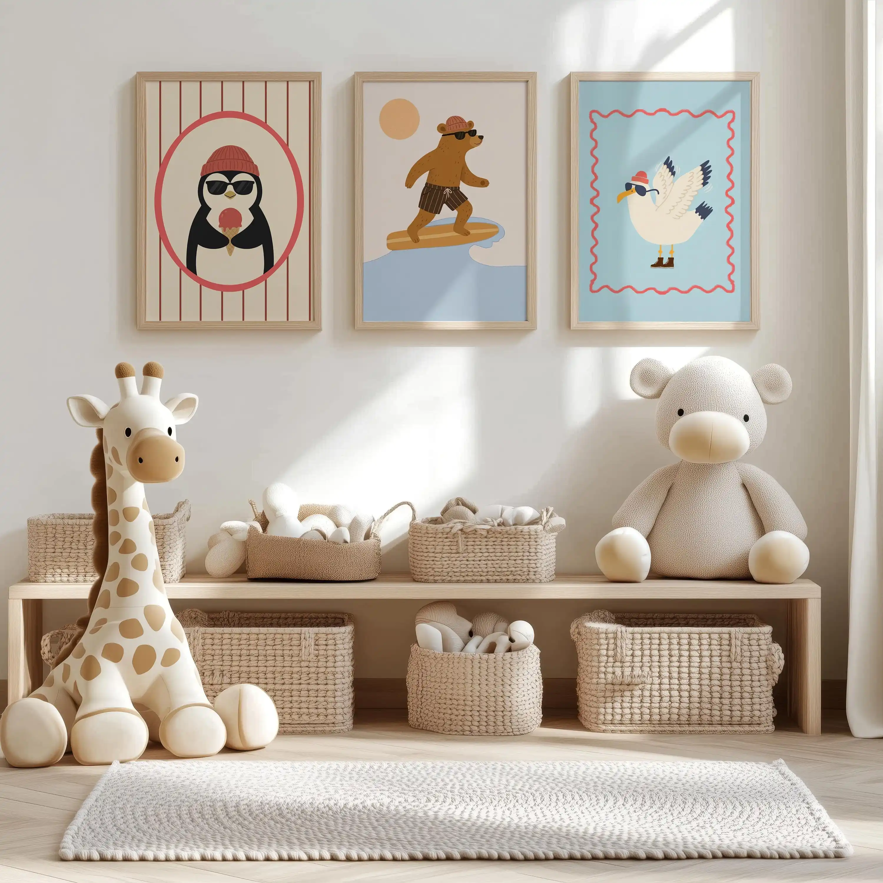 Playful Kids Animal Poster Set – Penguin Ice Cream, Bear Surfer & Seagull Sunglasses Wall Art, Nursery Bedroom Decor &Gifts