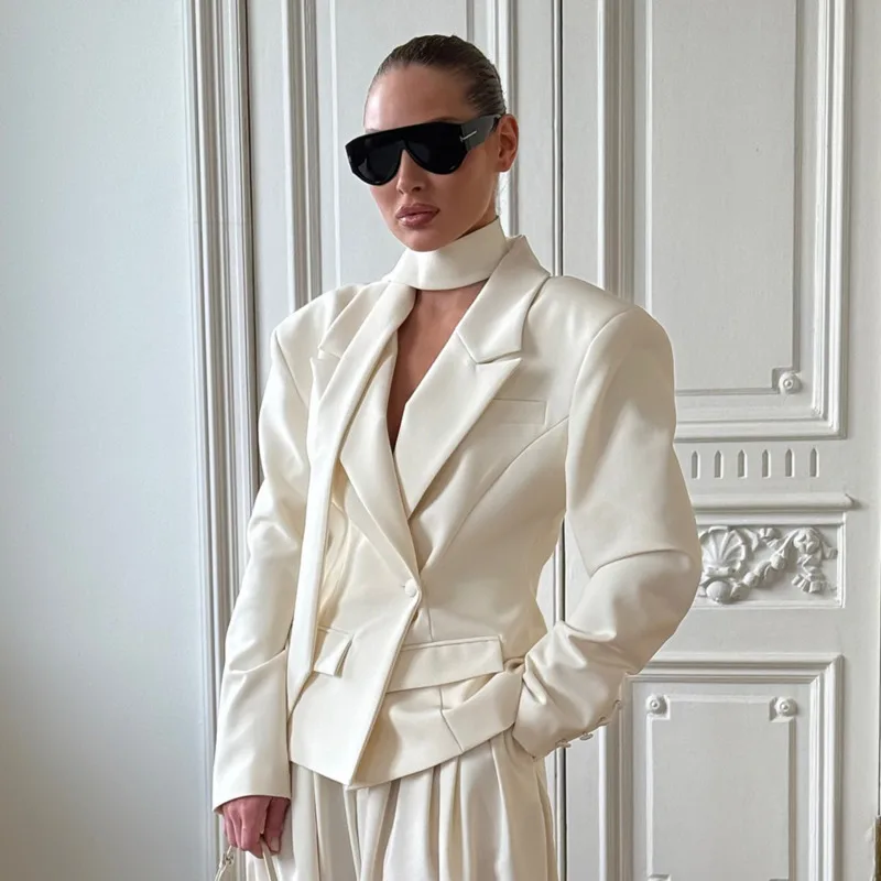 2025 Autumn Elegant Women's Suit Jacket Long Sleeve V-Neck Bandage Blazer Patchwork Design Slim Fit Office Lady Outwear Coat New