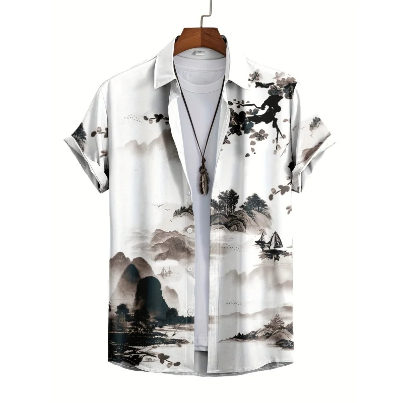 3d Landscape Graphic Short Sleeve Printed Shirts Summer Lapel Button Shirt Seaside Hawaiian Clothing Loose Oversized Men T-Shirt