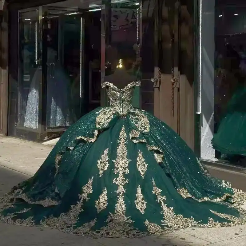 Customized Blackish Green Quinceanera Dresses Exquisite Gold Appliques Lace-Up Corset Birthday Sweet vestidos 15 años quinceañer