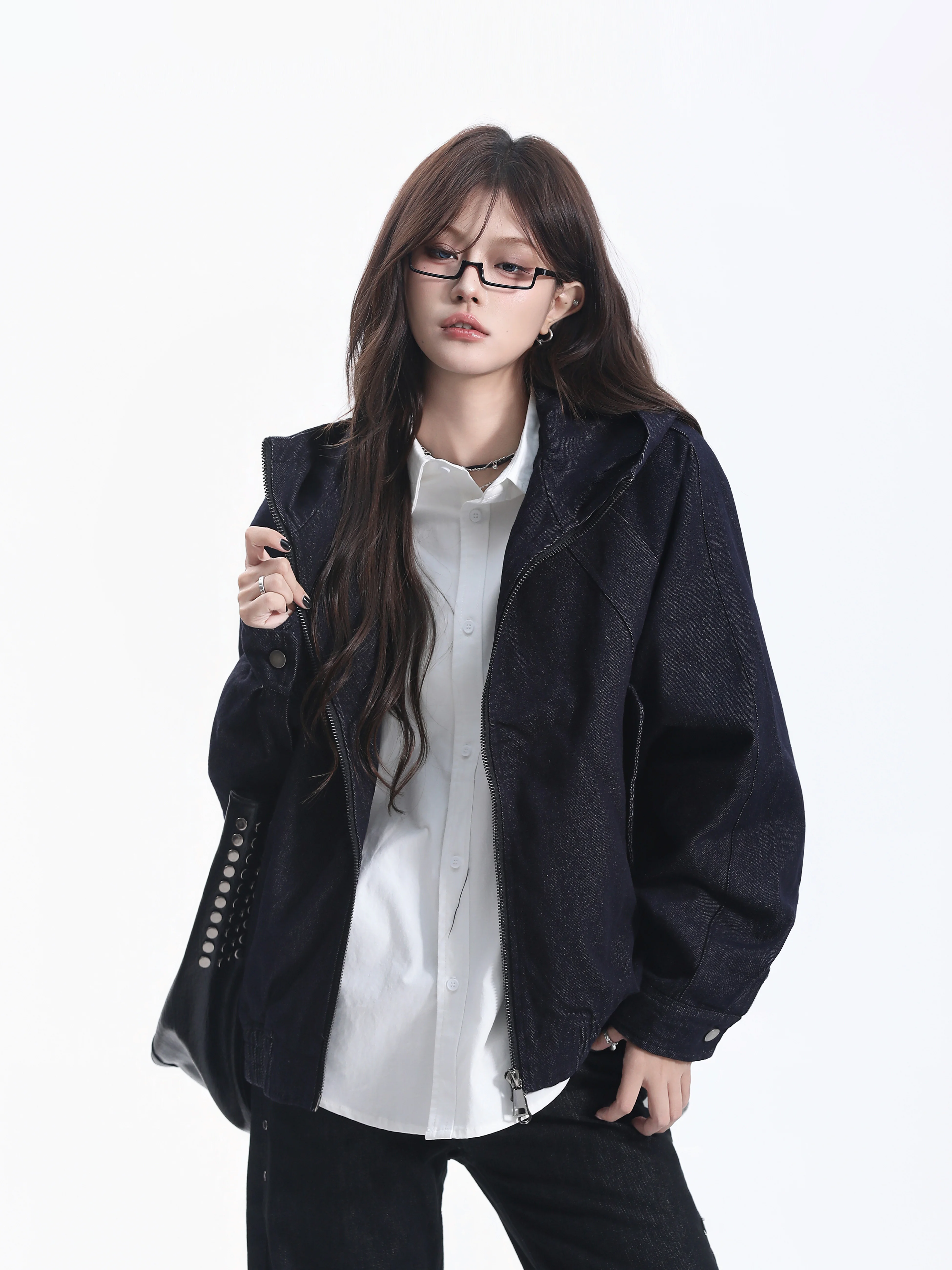 American Style Loose Fit Zipper Casual Denim Jacket Women's Oversize Shoulder Drop Neutral Outerwear Top Small Ball Ball