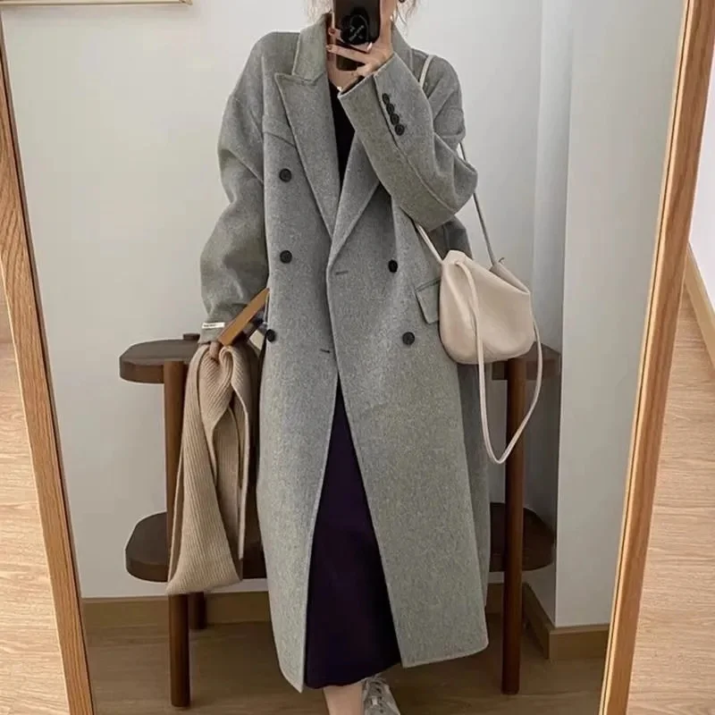 New Autumn Winter Long Coat Women's Loose Fit Medium Length Hepburn Style Woolen Jacket Thick Full Sleeve Solid Color