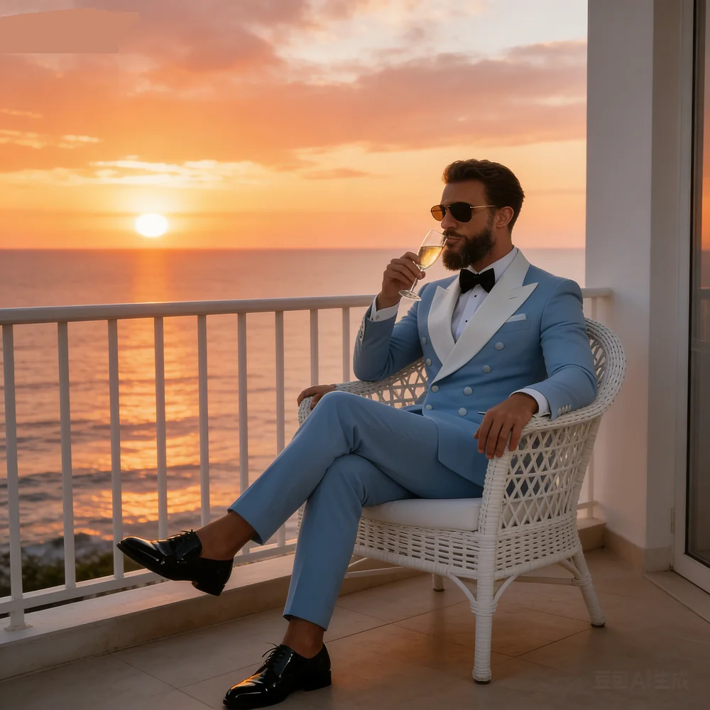 

Men's 2-Piece Casual Smalking Set with White Lapel Blazer And Black Pants Wedding Groomsmen Suit for Ceremony And Festa