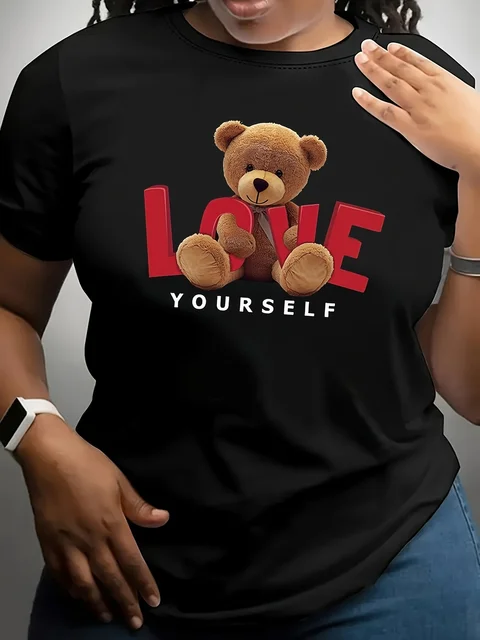 T-shirt z nadrukiem zwierzęcym, krótki rękaw, okrągły dekolt, swobodny top na lato i wiosnę, odzież damska