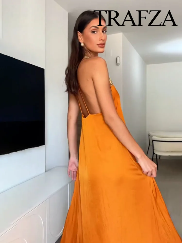 

HH Women Summer Holiday Style Long Dress Orange V-Neck Backless Flower Decoration Female Fashion Sleeveless Dresses Trendy