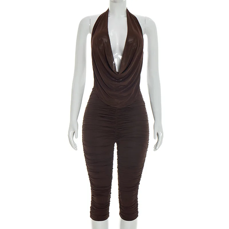 Sexy swing collar backless pleated mesh hanging neck top+pants two set