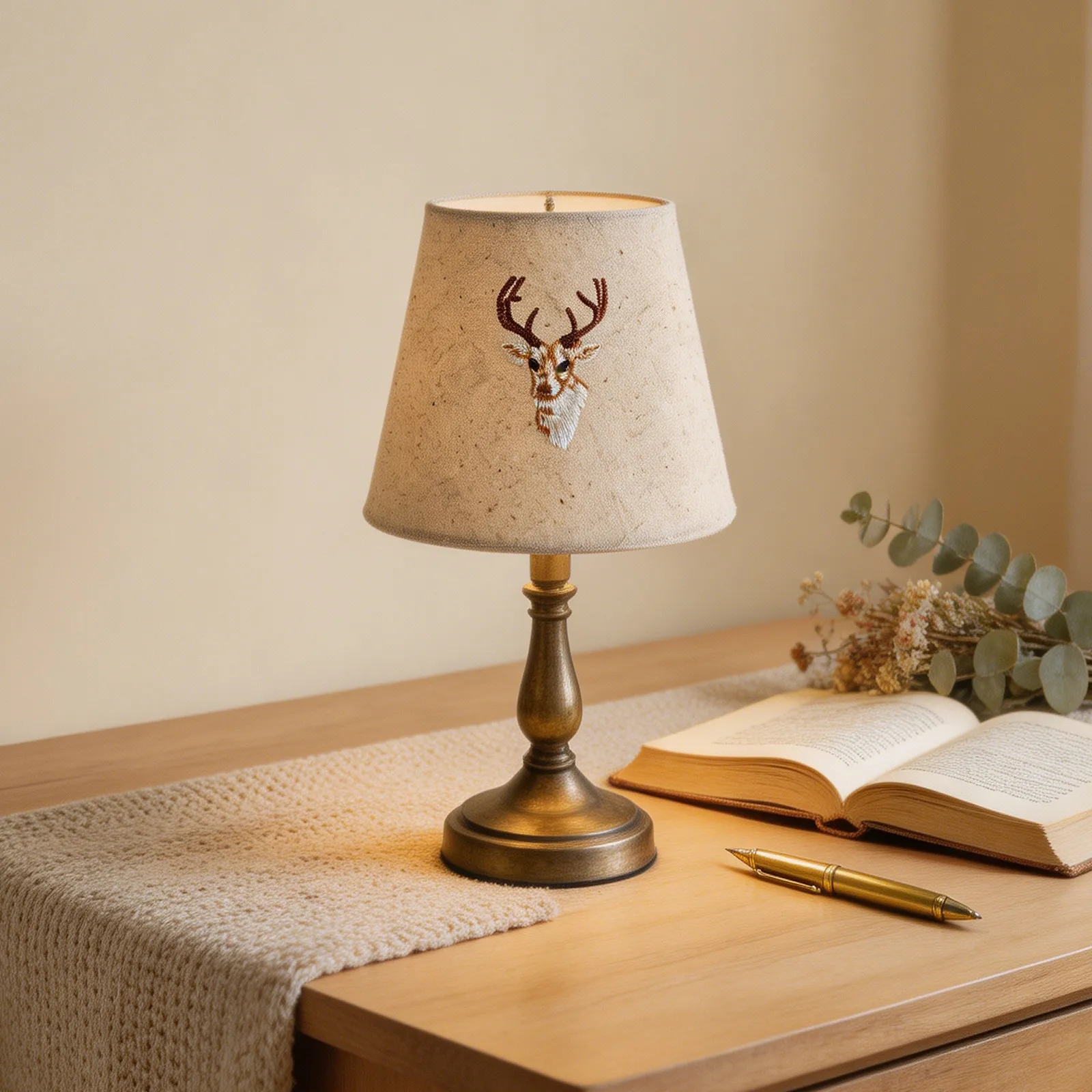 Linen Embroidered Drum Lamp Shade Deer Head Pattern Table Lamp Cover E27 E14 Fabric Light Shade Bedroom Living Room