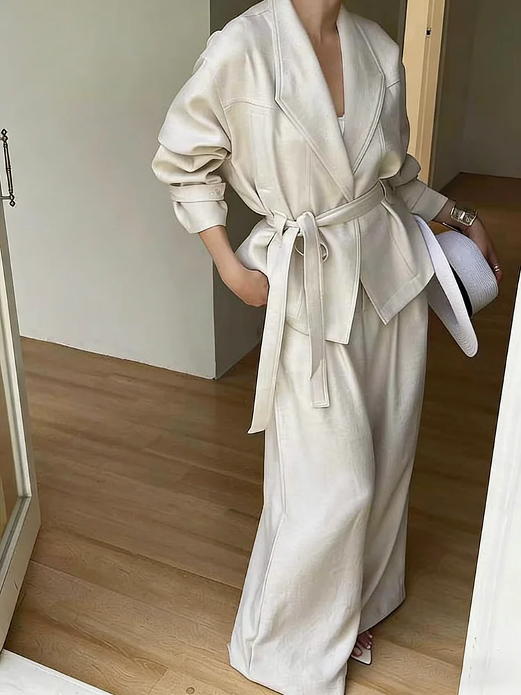 

BJTZ 2026 Spring Summer Women Solid Lapel Tie Waist Jacket High Waist Wide Leg Pants Set Elegant Office Two Piece Outfits