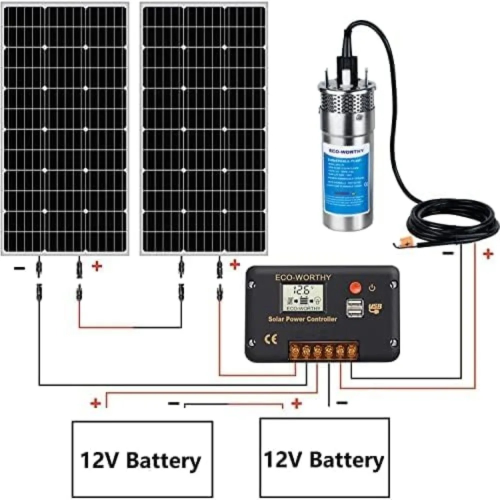 Солнечная водяная насосная система 200 Вт, 24 В, большой расход 3,2 галлона в минуту, 2 солнечных панели 100 Вт + погружной насос + контроллер 20 А