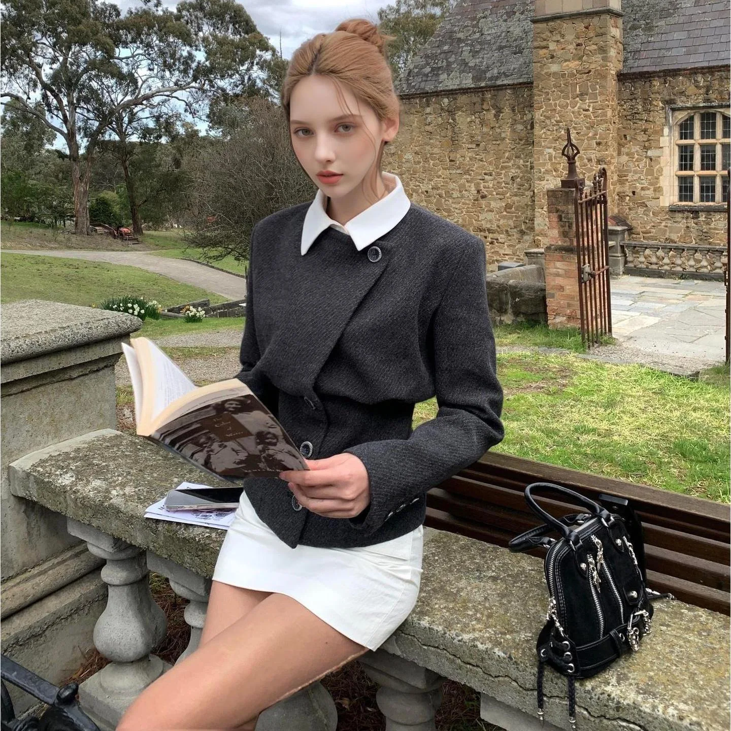 Women Blend Coat 2025 Autumn New French Chic Coat Fake Two Piece Lapel Tailored Waist Slim Fit Short Wool Blend Outerwear