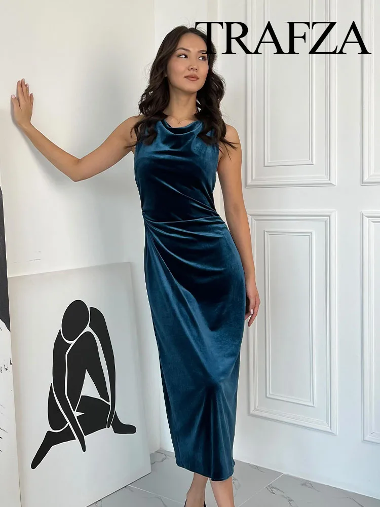 TRAFZA New 2024 Women Velvet Sleeveless Dress Fashion Female Three Color Pleated Velvet Midi For Slim Fit Dress Woman Dress