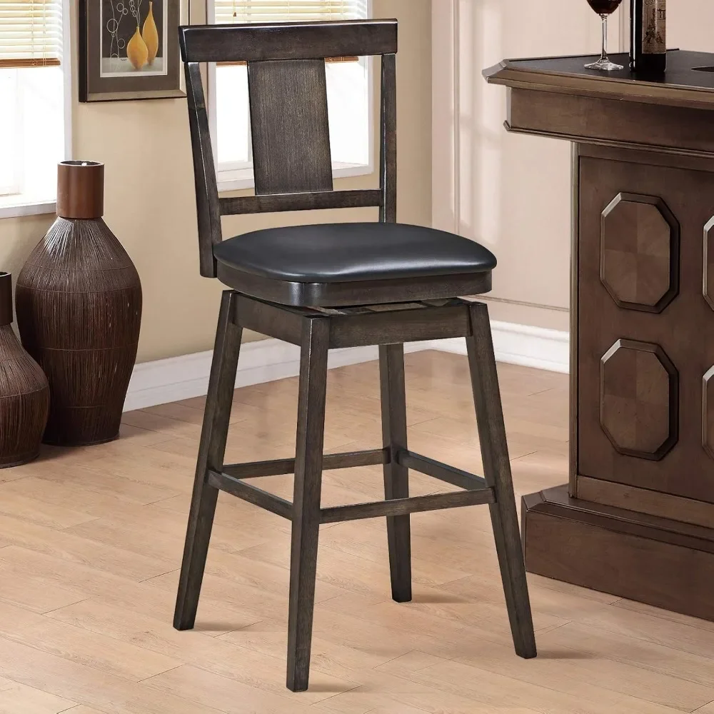 Bar stool, 360-degree swivel, wooden bar height bar stool, leather-padded seat, veneer back and solid rubberwood legs