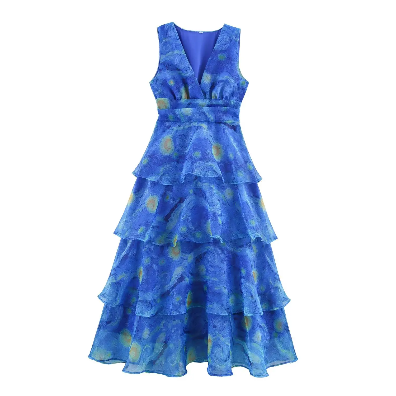 

Korejepo Women Dress New 2025 European American Style Organza Printed V-neck Sleeveless Layered Cake Dresses