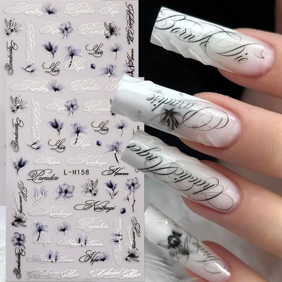 Ink Floral With English Script Ltalic Letter Nail Art Stickers Elegant Flower Nail Decal Self-Adhesive Sliders DIY Nail Supplies