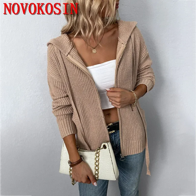 4 Colors S-XL Oversize Loose Knitwear With Hooded Winter Women Knitted Outstreet Coat Long Sleeves Front Zipper Cardigan Sweater