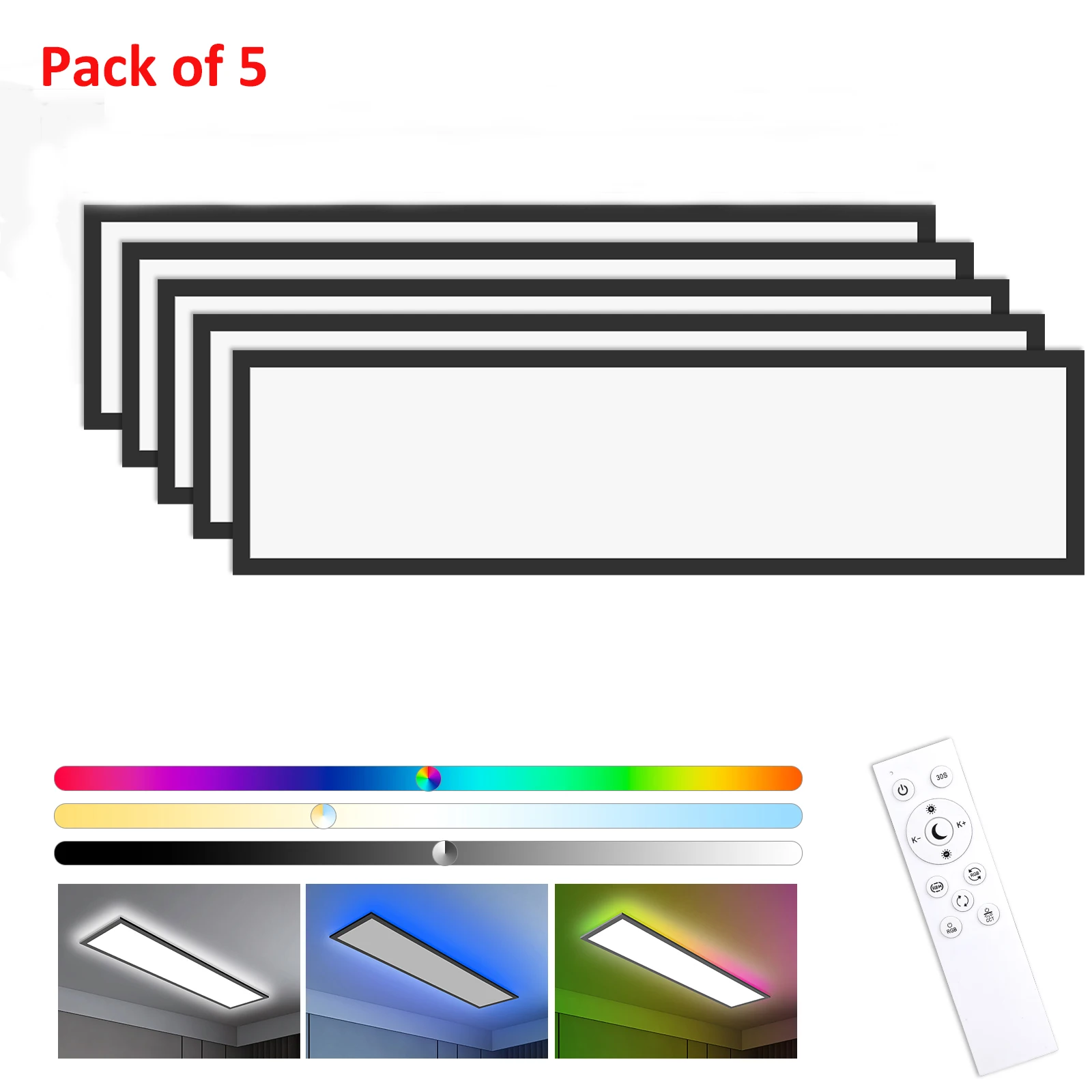 5 pezzi, plafoniera a LED RGB da 40 W, dimensioni 120x30 cm, 4400 lumen, pannello con controllo remoto e funzione di regolazione dell'intensità luminosa, temperatura colore 3000K-6500K, ideale per