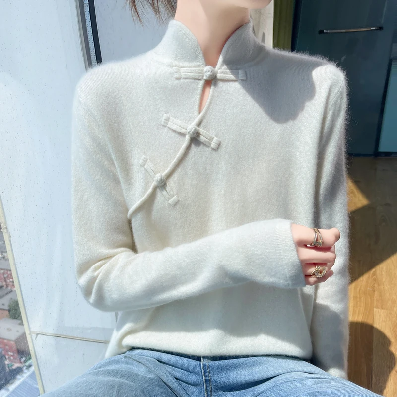 Autumn and Winter New 100% Merino Wool Women's Cashmere Sweater Semi High Neck Pullover Fashion New Chinese Warm Bottom Knit