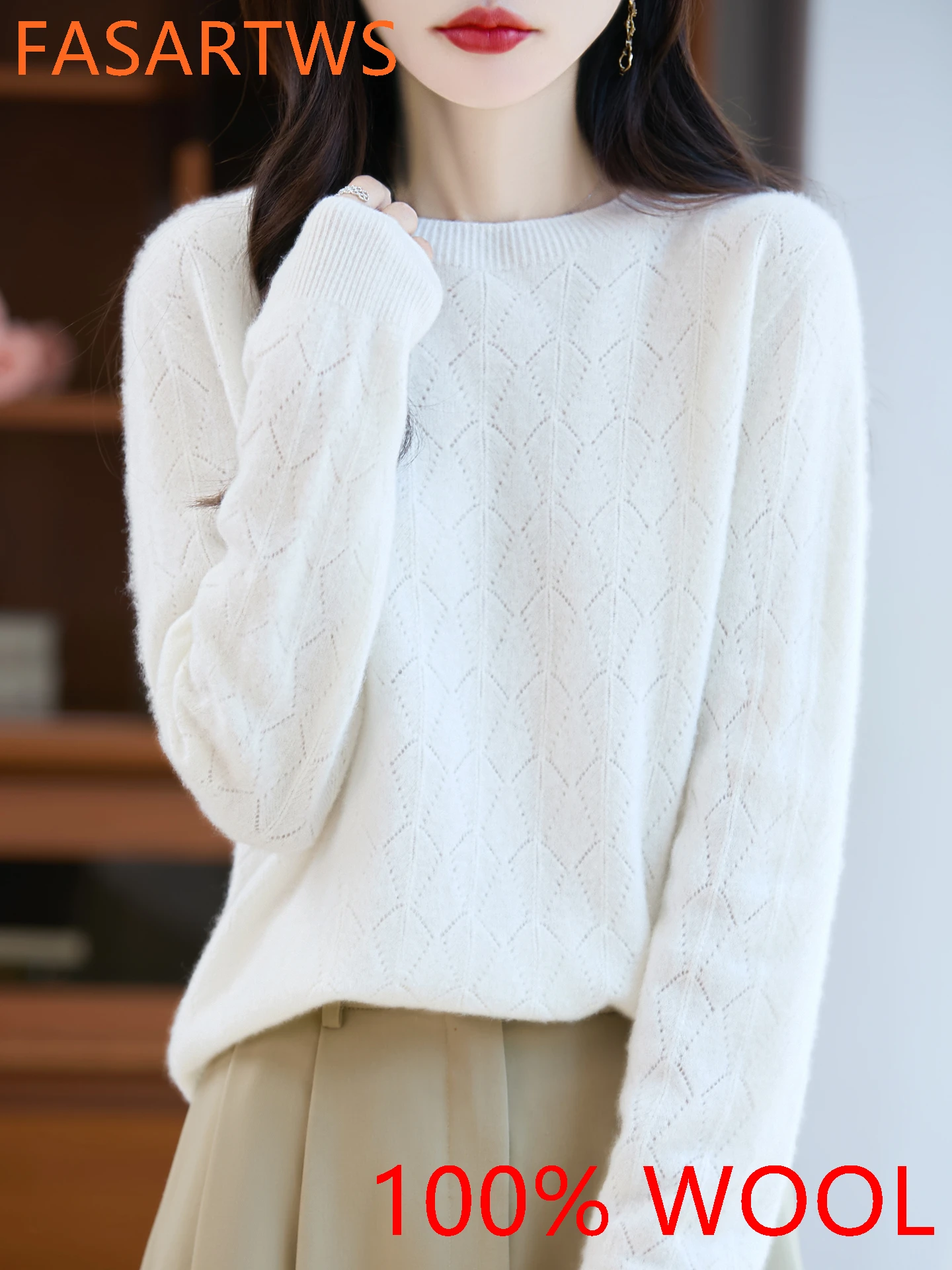 

New Autumn Winter Women's 100% Wool Lace Knit Sweater Round Neck Long Sleeve Slim Fit Casual Office Tops Thermal Hollow Out